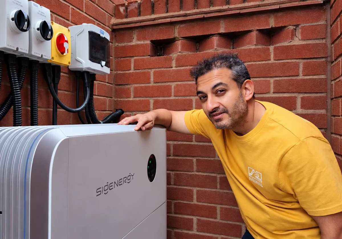 Munty leaning on the home battery, beside its switches, on the side of the house