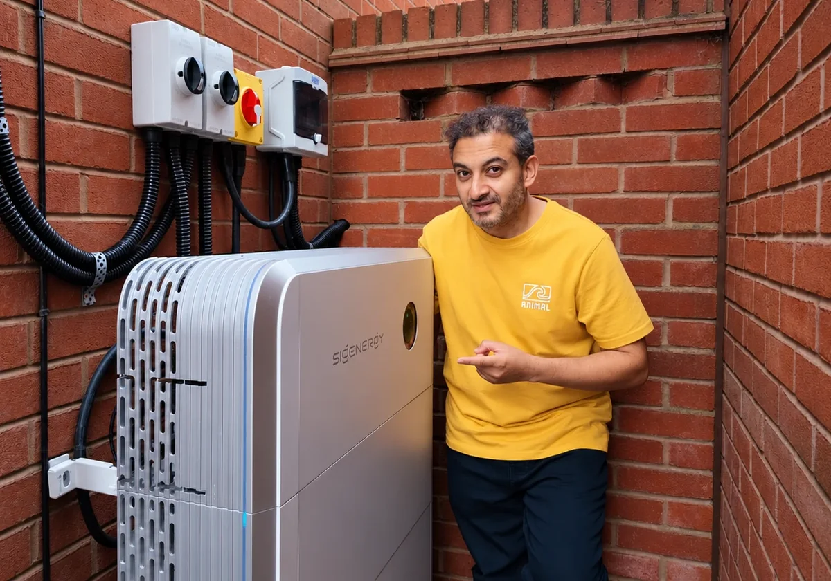 Munty beside the home battery and its switches, on the side of the house